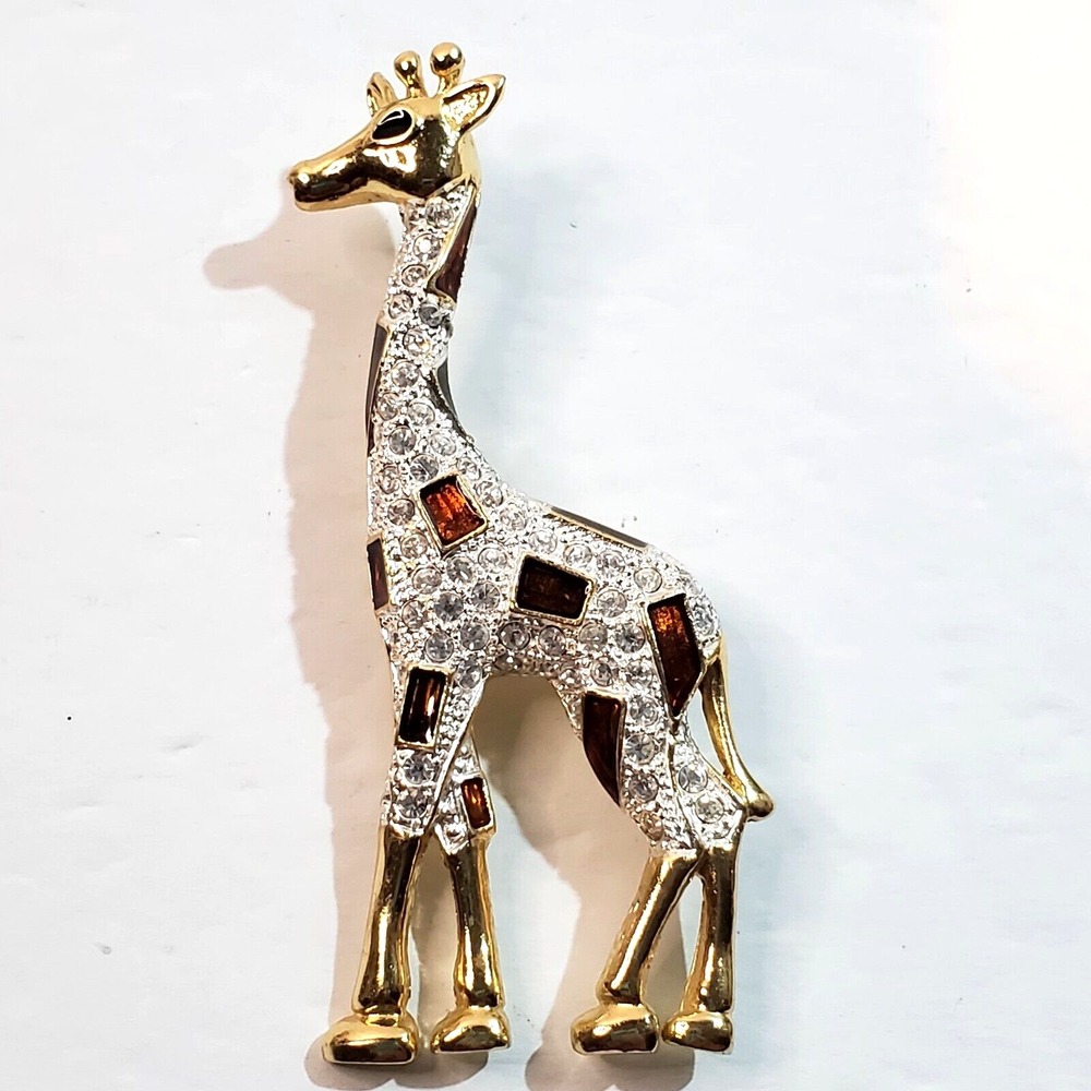 Vintage Roman Gold Tone Encrusted Clear and Amber Rhinestones Giraffe Brooch Pin